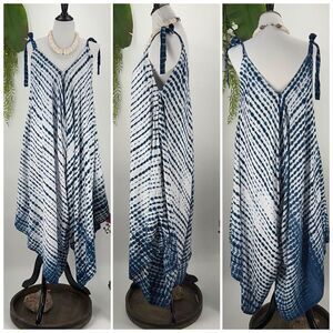 The Pō`alima Romper Blue/White V-Neck V Back Shoulder Tie  Boho Gypsy  Wide Leg